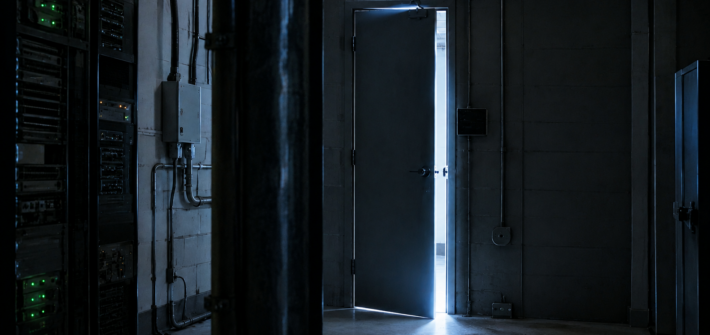 AI generated image of a door slightly open into a brighter room or a corridor